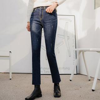Fray-hem Brushed Fleece Lined Straight-cut Jeans