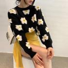 Long-sleeve Flower Printed Knit Sweater As Shown In Figure - One Size