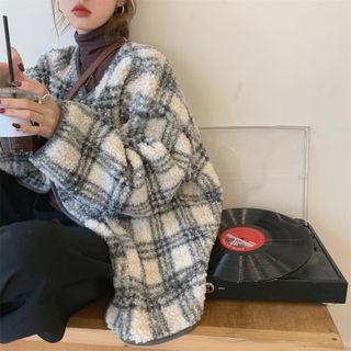 Open-front Plaid Fleece Jacket Plaid - Off-white - One Size