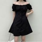 Off-shoulder Button Puff-sleeve Dress Black - One Size