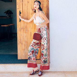 Floral Print Drawstring Wide-leg Pants