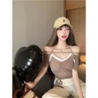 Short-sleeve Off-shoulder Drawstring Slim Fit Crop Top Khaki - One Size