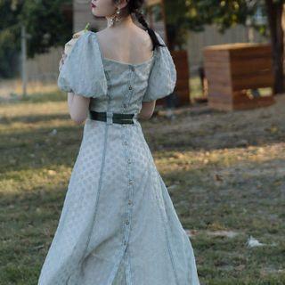 Dotted Puff-sleeve Button Midi A-line Dress