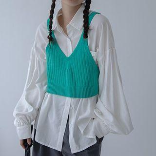 Knit Tank Top Vest + Dropped Shoulder Sleeve Plain Shirt - Set Of 2