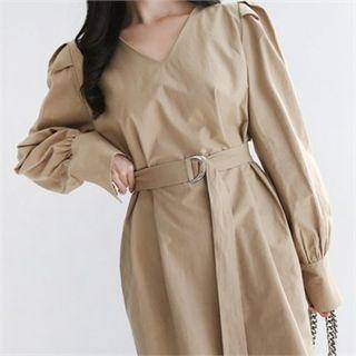 V-neck Balloon-sleeve Dress With Belt