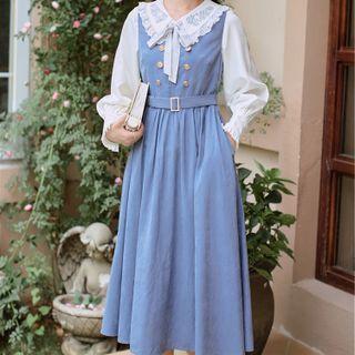 Set: Embroidered Blouse + Double-breasted Overall Dress