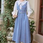 Set: Embroidered Blouse + Double-breasted Overall Dress