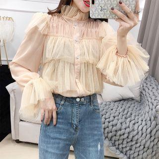 Mock-turtleneck Ruffled Mesh Blouse