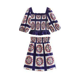 Set: Puff-sleeve Patterned Blouse + Mini A-line Skirt