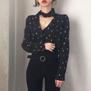 V-neck Dotted Print Long-sleeve Shirt