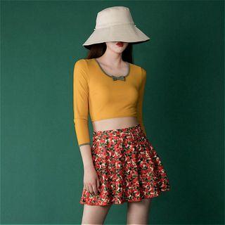Set: Contrast Trim Long-sleeve Tankini Top + Flower Print Swim Short + Swim Skirt