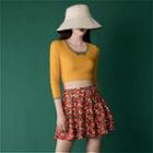 Set: Contrast Trim Long-sleeve Tankini Top + Flower Print Swim Short + Swim Skirt