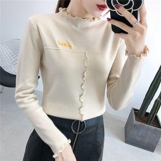 Frill Trim Letter Embroidered Knit Top