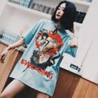 Elbow-sleeve Mandarin Collar Printed T-shirt