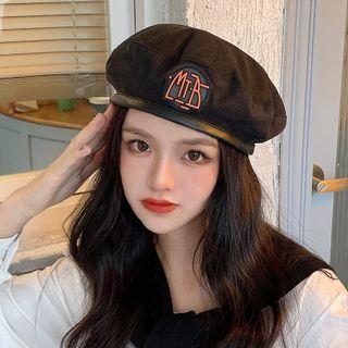 Faux-leather Trim Lettering Applique Beret Black - One Size