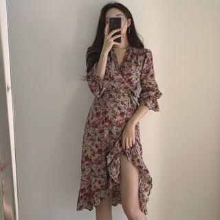 Bell-sleeve Floral Printed Tie-waist Dress