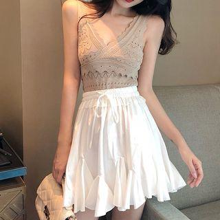 V-neck Knitted Tank Top / High Waist Mini Skirt