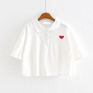 Elbow-sleeve Heart Embroidery Polo Shirt