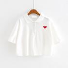 Elbow-sleeve Heart Embroidery Polo Shirt