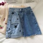 Star Print Color Block Denim A-line Skirt