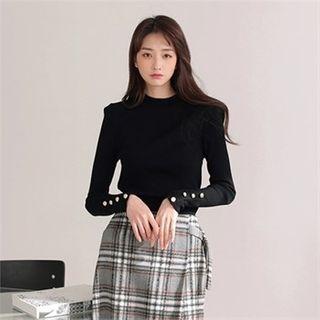 Padded-shoulder Button-cuff Slim Knit Top