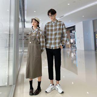 Couple-matching Long-sleeve Plaid Shirt / Pants / Midi A-line Pinafore Dress