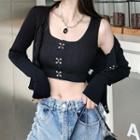 Set: Cropped Tank Top + Hook-front Cardigan Black - One Size