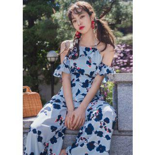Halter Ruffled Cold-shoulder Floral Jumpsuit