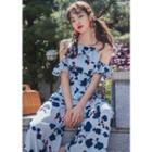 Halter Ruffled Cold-shoulder Floral Jumpsuit