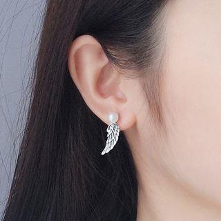 925 Sterling Silver Wings Faux Pearl Earring Silver - One Size