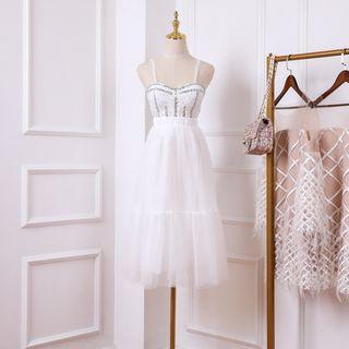Set: Sleeveless Sequined Top + A-line Midi Mesh Skirt