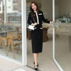 Set: Contrast-trim Metallic-button Knit Top + Skirt