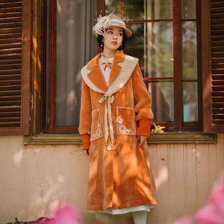 Floral Embroidered Detachable Faux Fur Lapel Wool Coat