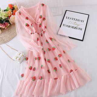 V-neck Sequin Embroidered Strawberry Mesh Long-sleeve Dress Pink - One Size