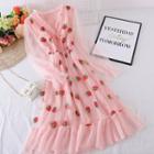 V-neck Sequin Embroidered Strawberry Mesh Long-sleeve Dress Pink - One Size