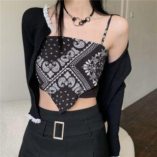 Print Cropped Camisole Top / Lace Trim Cardigan