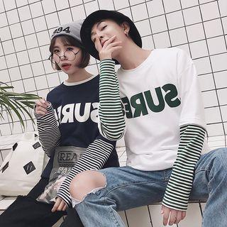 Couple Matching Inset Sleeve Lettering T-shirt