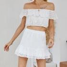 Set: Short-sleeve Off-shoulder Crop Top + Mini Skirt