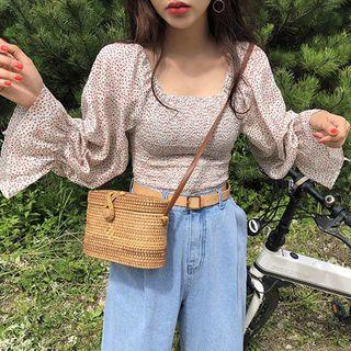 Floral Print Balloon-sleeve Cropped Blouse As Shown In Figure - One Size
