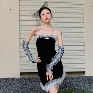 Set: Strapless Ruffled Mini Bodycon Dress + Arm Sleeves