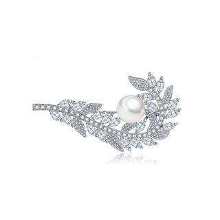 Elegant And Fashion Geometric Leaf Imitation Pearl Brooch With Cubic Zirconia Silver - One Size
