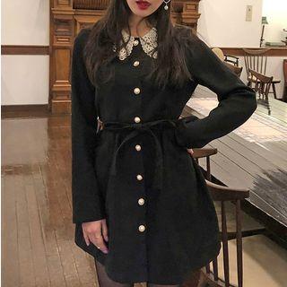 Crochet Lace Collar Mini Shirtdress Black - One Size