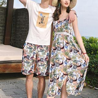 Women Print Sundress / Men T-shirt / Shorts