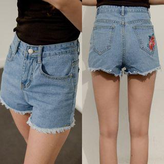 Rose-embroidered Fray-hem Denim Shorts
