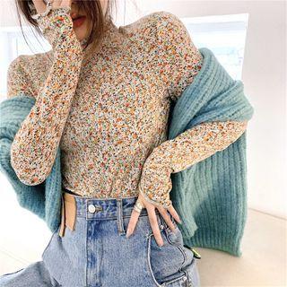 Floral Print Mock-neck Long-sleeve Top / V-neck Sweater