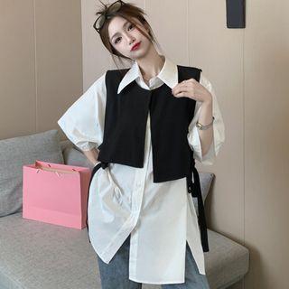 Oversize Short-sleeve Plain Shirt / Plain Lace Up Vest