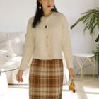 Set: Cable Knit Cardigan + Plaid Midi Fitted Skirt
