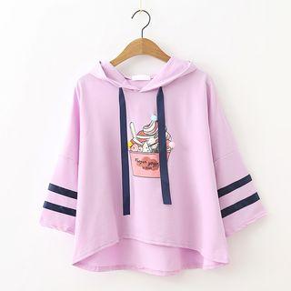 3/4-sleeve Striped Trim Printed Hoodie
