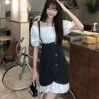 Puff-sleeve Color Block Panel Spaghetti-strap Dress As Shown In Figure - One Size