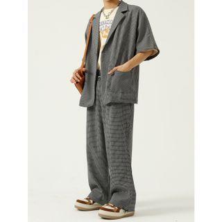 Short-sleeve Houndstooth Blazer / Wide-leg Pants
